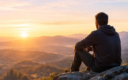A person looking across a wide landscape at sunrise, representing vision and hope