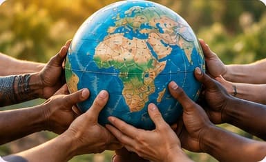 Hands from different people holding a globe, representing an international network